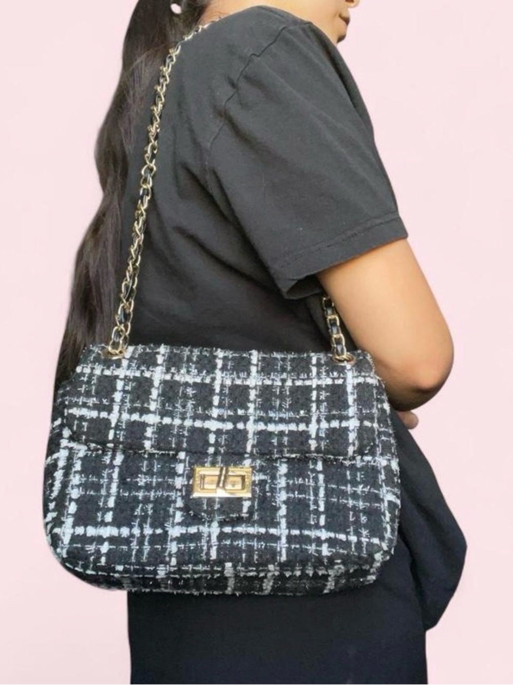 Kelly & Katie Black and White Tweed Shoulder Bag with Gold Hardware
